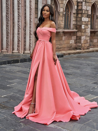 A-Line/Princess Satin Sleeveless Ruffles Off-the-Shoulder Court Train Dresses