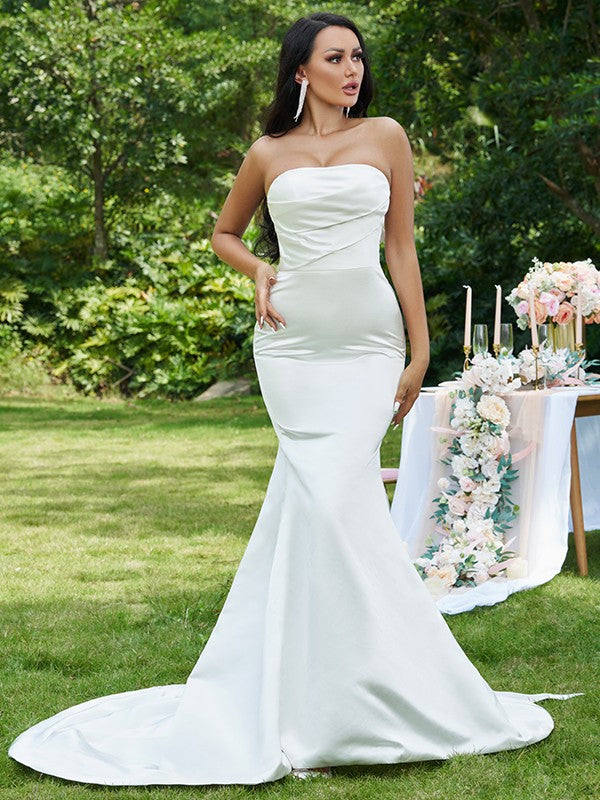 Trumpet/Mermaid Satin Ruched Strapless Sleeveless Sweep/Brush Train Wedding Dresses