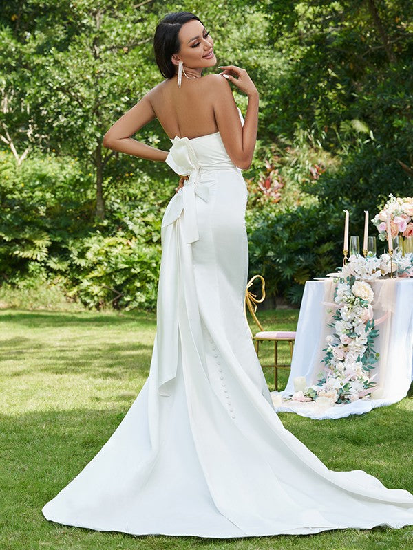 Trumpet/Mermaid Satin Ruched Strapless Sleeveless Sweep/Brush Train Wedding Dresses