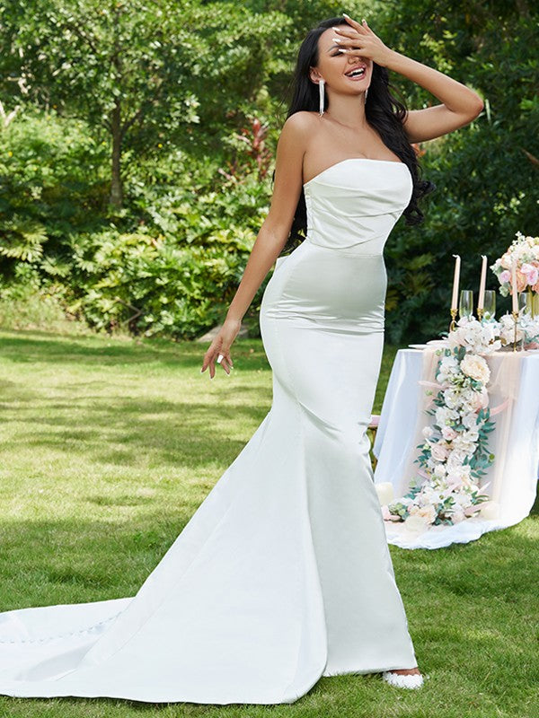 Trumpet/Mermaid Satin Ruched Strapless Sleeveless Sweep/Brush Train Wedding Dresses