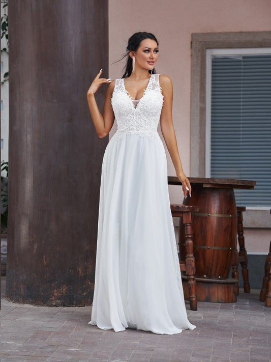 A-Line/Princess Chiffon Lace V-neck Sleeveless Floor-Length Wedding Dresses