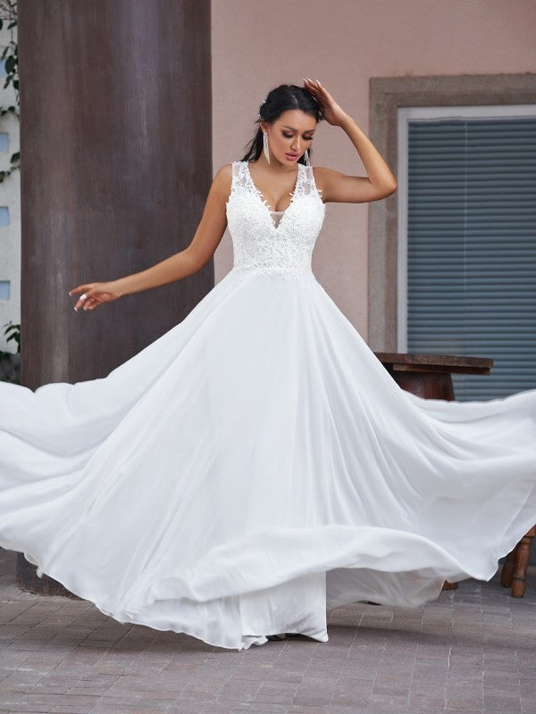 A-Line/Princess Chiffon Lace V-neck Sleeveless Floor-Length Wedding Dresses