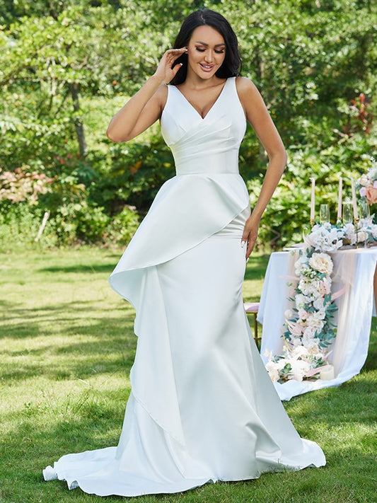 Sheath/Column Satin Ruffles V-neck Sleeveless Sweep/Brush Train Wedding Dresses