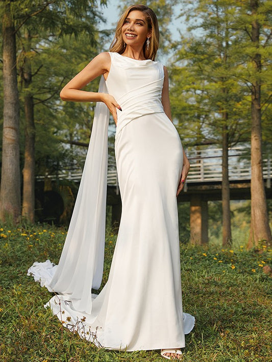 Sheath/Column NS  Woven Satin Ruched Scoop Sleeveless Sweep/Brush Train Wedding Dresses