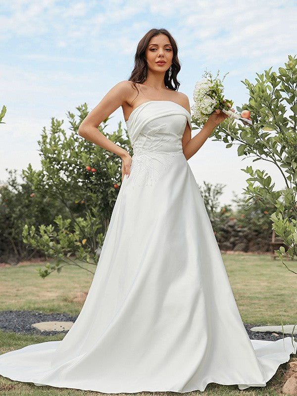 A-Line/Princess Satin Ruched Strapless Sleeveless Sweep/Brush Train Wedding Dresses