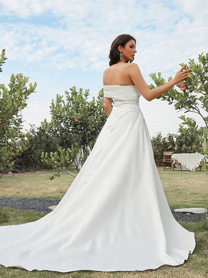 A-Line/Princess Satin Ruched Strapless Sleeveless Sweep/Brush Train Wedding Dresses