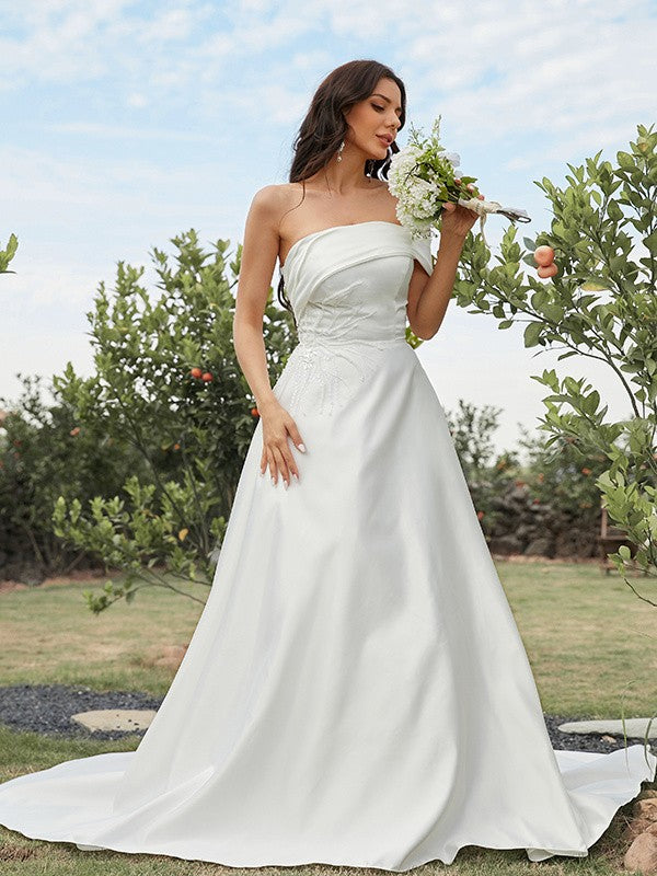 A-Line/Princess Satin Ruched Strapless Sleeveless Sweep/Brush Train Wedding Dresses