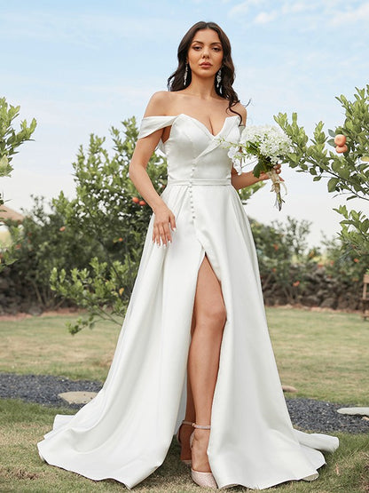 A-Line/Princess Satin Ruched Off-the-Shoulder Sleeveless Sweep/Brush Train Wedding Dresses