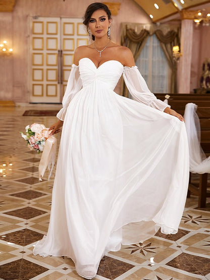 A-Line/Princess 30D Chiffon Ruched Off-the-Shoulder Long Sleeves Sweep/Brush Train Wedding Dresses