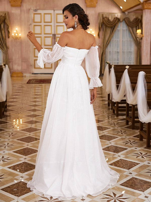 A-Line/Princess 30D Chiffon Ruched Off-the-Shoulder Long Sleeves Sweep/Brush Train Wedding Dresses