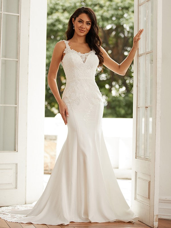 Sheath/Column Stretch Crepe Lace Straps Sleeveless Court Train Wedding Dresses