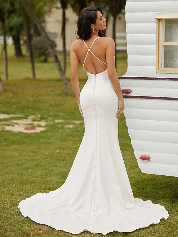 Sheath/Column Stretch Crepe Ruched Spaghetti Straps Sleeveless Court Train Wedding Dresses