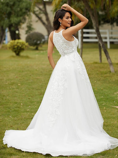 A-Line/Princess Tulle Lace Scoop Sleeveless Sweep/Brush Train Wedding Dresses