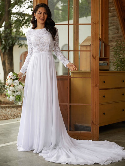 A-Line/Princess Chiffon Lace Scoop Long Sleeves Cathedral Train Wedding Dresses