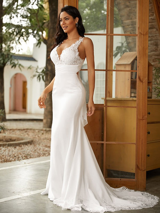 Sheath/Column Stretch Crepe Lace V-neck Sleeveless Sweep/Brush Train Wedding Dresses