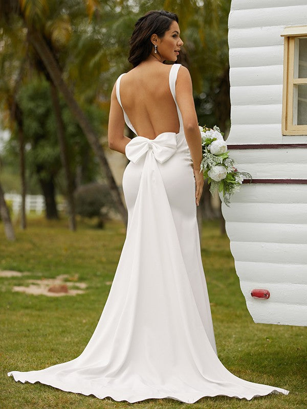 Sheath/Column Stretch Crepe Bowknot Straps Sleeveless Sweep/Brush Train Wedding Dresses