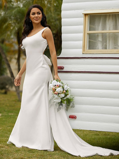 Sheath/Column Stretch Crepe Bowknot Straps Sleeveless Sweep/Brush Train Wedding Dresses