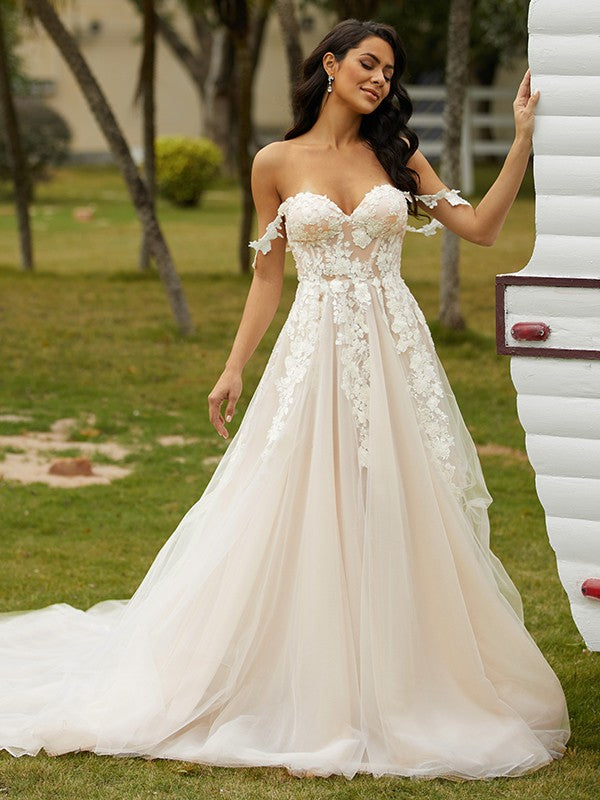 A-Line/Princess Tulle Applique Off-the-Shoulder Sleeveless Chapel Train Wedding Dresses