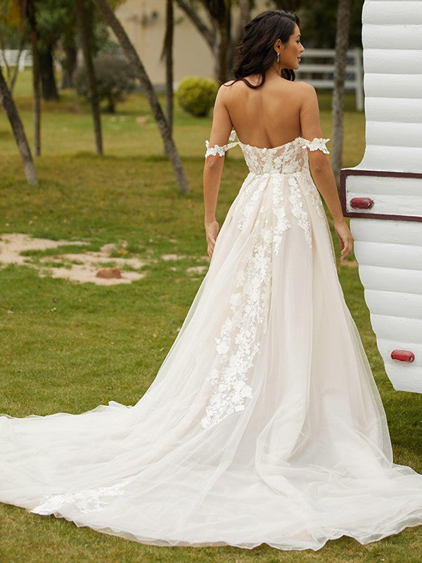 A-Line/Princess Tulle Applique Off-the-Shoulder Sleeveless Chapel Train Wedding Dresses