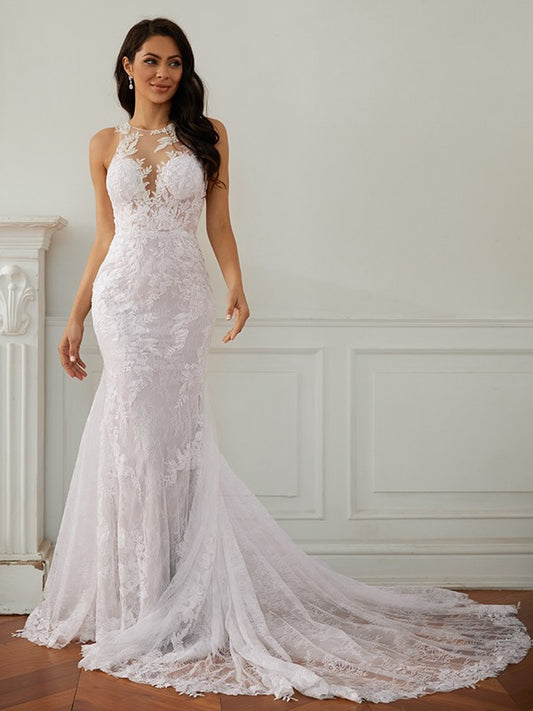 Column Lace Scoop Sleeveless Court Train Wedding Dresses