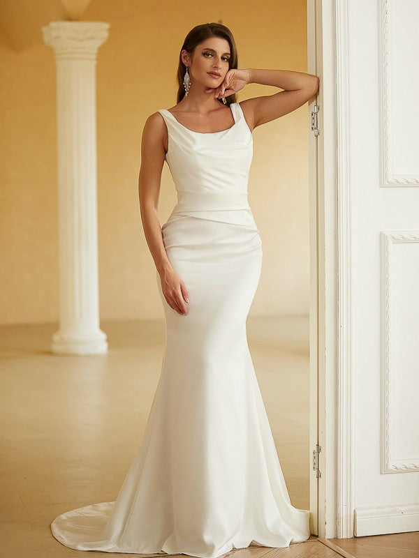 Sheath/Column Charmeuse Ruched Straps Sleeveless Sweep/Brush Train Wedding Dresses