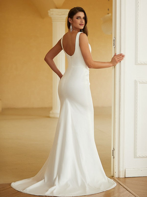 Sheath/Column Charmeuse Ruched Straps Sleeveless Sweep/Brush Train Wedding Dresses