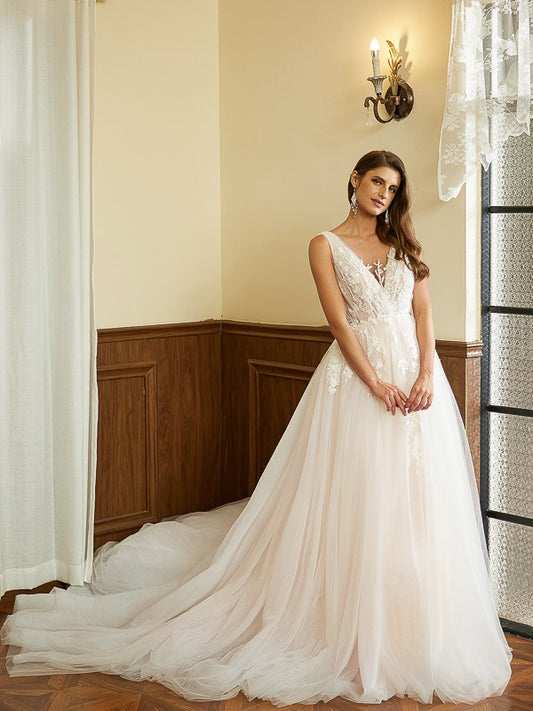 A-Line/Princess Tulle Applique V-neck Sleeveless Cathedral Train Wedding Dresses