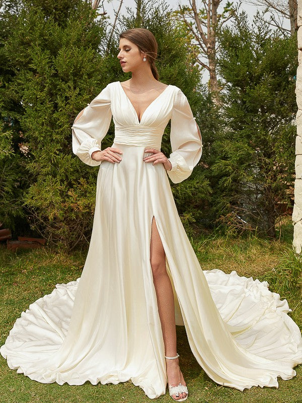 A-Line/Princess Satin Chiffon Ruched V-neck Long Sleeves Cathedral Train Wedding Dresses