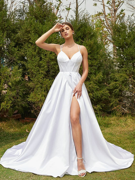 A-Line/Princess Satin Ruffles V-neck Sleeveless Court Train Wedding Dresses