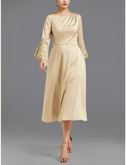 A-Line Mother of the Bride Dress Wedding Guest Elegant Petite Scoop Neck Tea Length Satin Long Sleeve with Lace Ruching