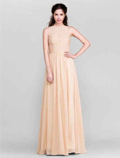 Sheath / Column Bridesmaid Dress Jewel Neck Sleeveless Elegant Floor Length Chiffon with Ruched / Split Front