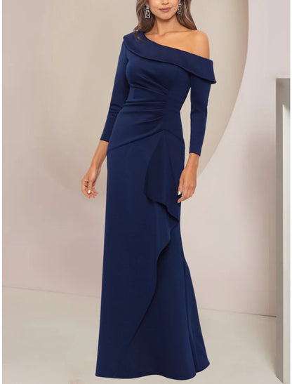 A-Line Mother of the Bride Dress Wedding Guest Party Elegant Off Shoulder Floor Length Stretch Fabric Long Sleeve with Ruffles Ruching Solid Color