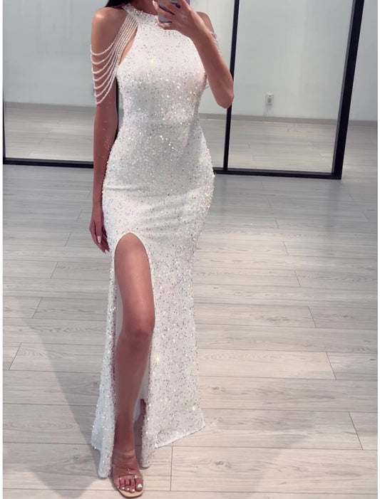 Sheath / Column Evening Gown Elegant Dress Formal Floor Length Sleeveless Jewel Neck Sequined with Glitter Slit