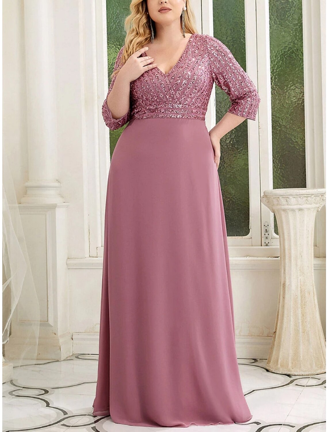 A-Line Plus Size Curve Mother of the Bride Dress Wedding Guest Sparkle & Shine Elegant V Neck Floor Length Chiffon Sequined 3/4 Length Sleeve with Pleats Sequin Solid Color