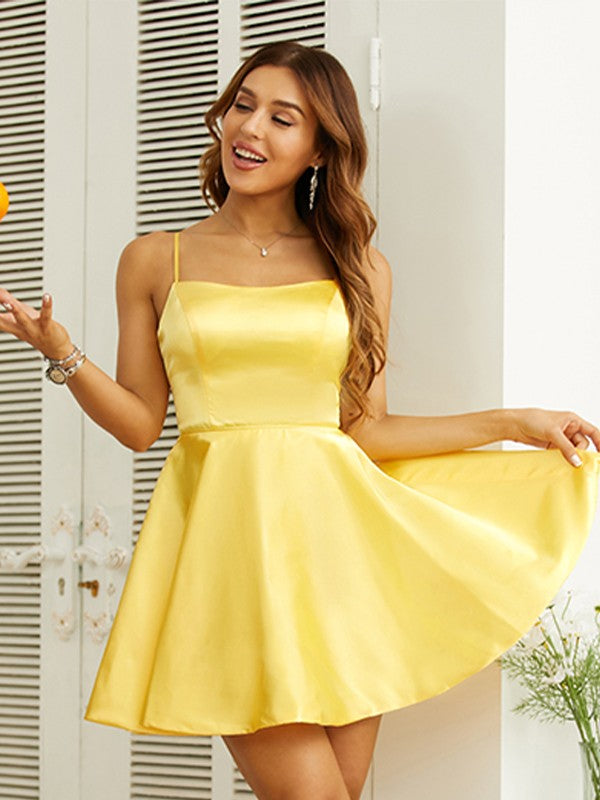 A-Line/Princess Silk like Satin Ruffles Spaghetti Straps Sleeveless Short/Mini Dresses