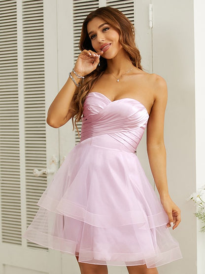 A-Line/Princess Tulle Ruched Sweetheart Sleeveless Short/Mini Dresses