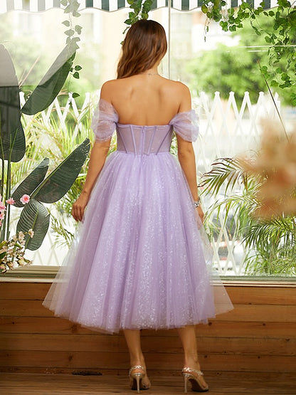 A-Line/Princess Tulle Ruffles Off-the-Shoulder Sleeveless Tea-Length Dresses