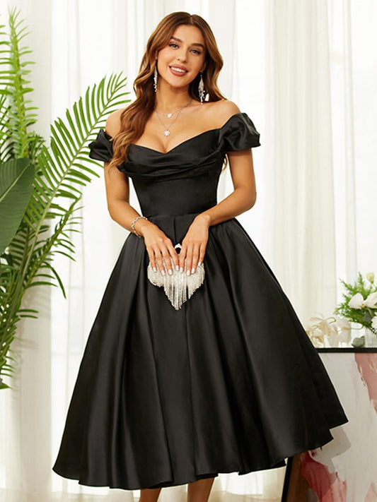 A-Line/Princess Satin Ruched Off-the-Shoulder Sleeveless Tea-Length Dresses