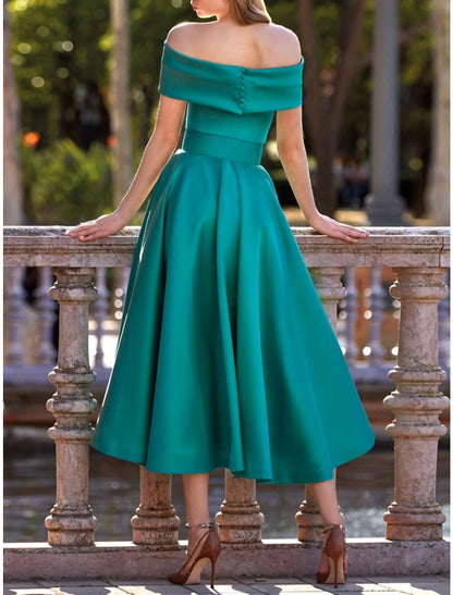 A-Line Evening Gown Elegant Dress Formal Tea Length Short Sleeve Off Shoulder Satin with Pleats Strappy