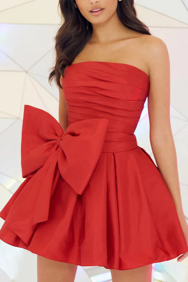 A line bra cute bow red short homecoming dress