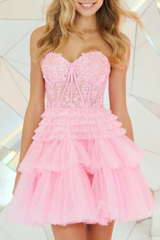 A line Sweetheart Layered Lace Applique Pink Short Homecoming Dress