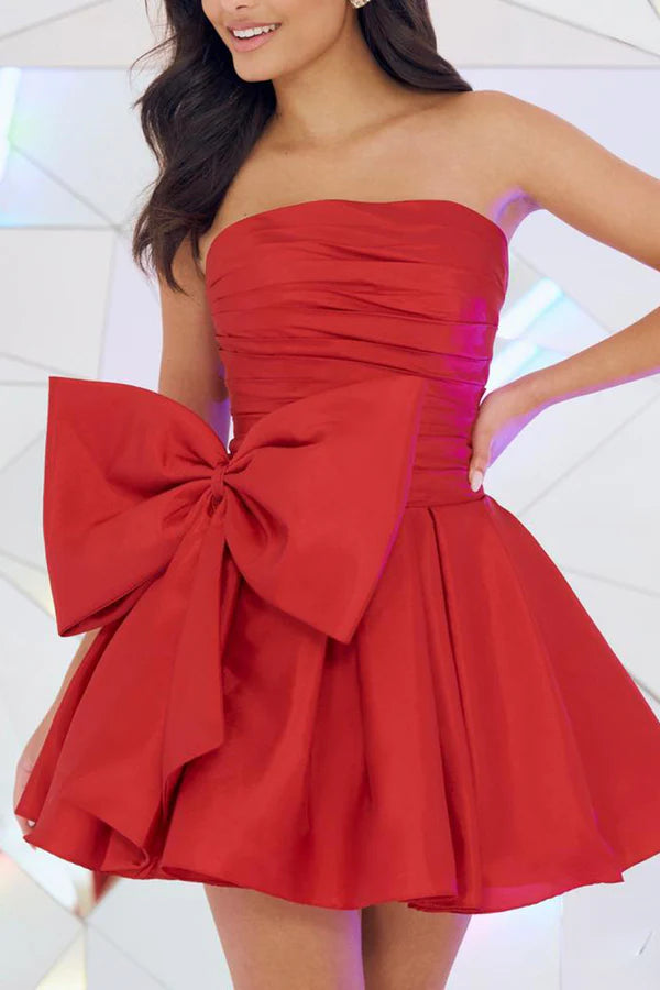 A line bra cute bow red short homecoming dress