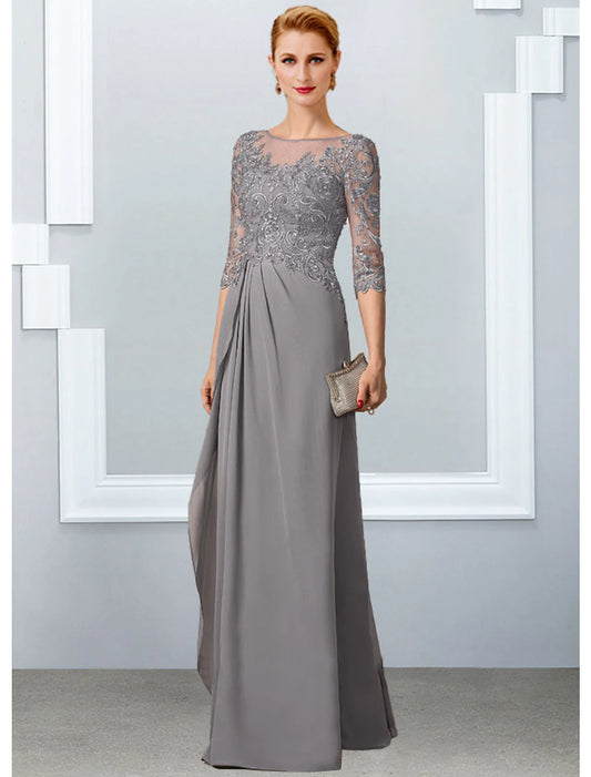 A-Line Mother of the Bride Dress Elegant Jewel Neck Floor Length Chiffon Lace Half Sleeve with Appliques