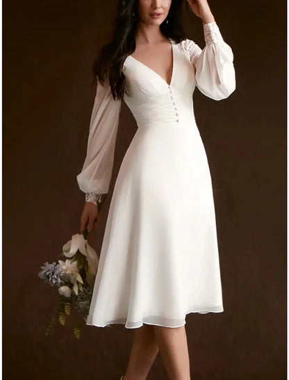 Little White Dresses Wedding Dresses A-Line V Neck Long Sleeve Knee Length Chiffon Bridal Gowns With Pleats Ruched