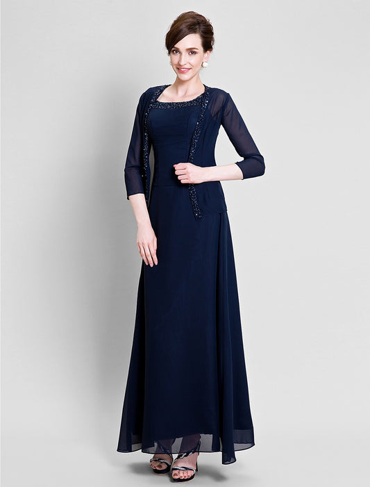 Sheath / Column Mother of the Bride Dress Scoop Neck Floor Length Chiffon No with Beading