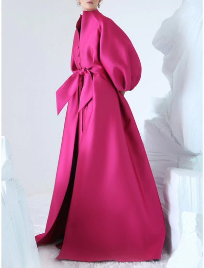 A-Line Evening Gown Elegant Dress Formal Sweep / Brush Train Long Sleeve V Neck Satin with Bow(s) Sequin Slit