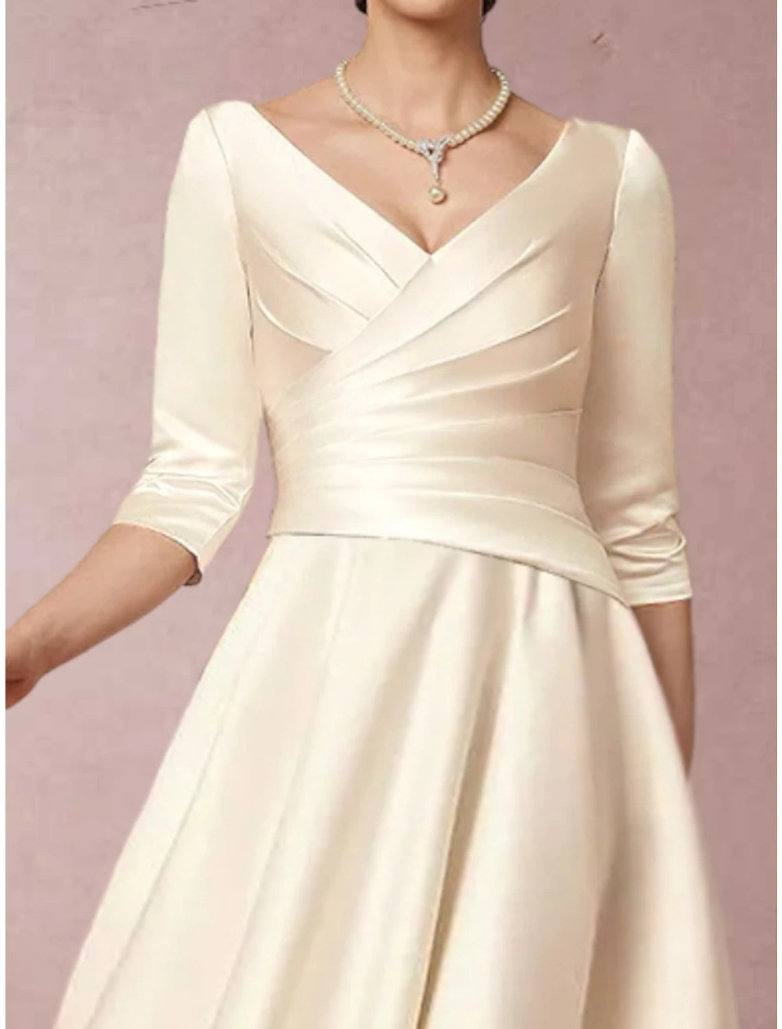 A-Line Mother of the Bride Dress Simple Elegant V Neck Tea Length Sati ...