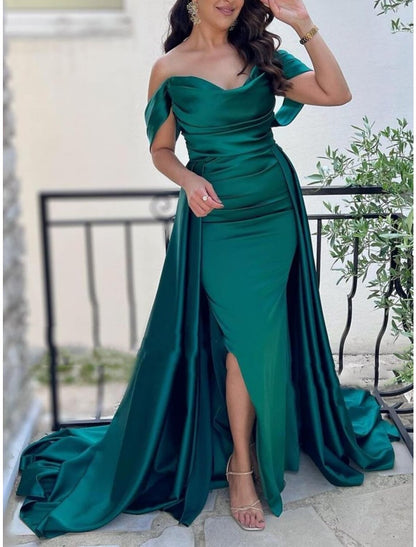 A-Line Evening Gown Elegant Dress Formal Court Train Christmas Red Green Dress Short Sleeve Off Shoulder Satin with Pleats Ruched Slit