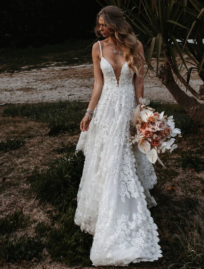 Beach Sexy Boho Wedding Dresses A-Line Sweetheart Camisole Spaghetti Strap Court Train Lace Outdoor Bridal Gowns With Appliques Split Front Summer Wedding Party  Women‘s Clothing