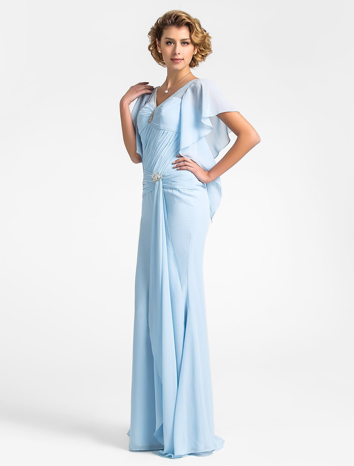 Mermaid / Trumpet Mother of the Bride Dress Vintage Inspired V Neck Floor Length Chiffon Short Sleeve with Beading Side Draping Crystal Brooch/ Butterfly Sleeve